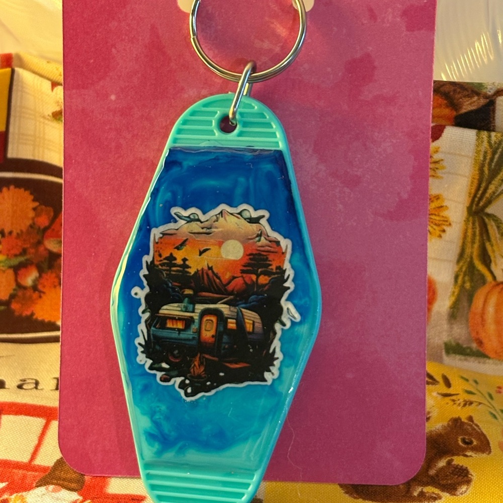 Blue Retro Camper Keychain